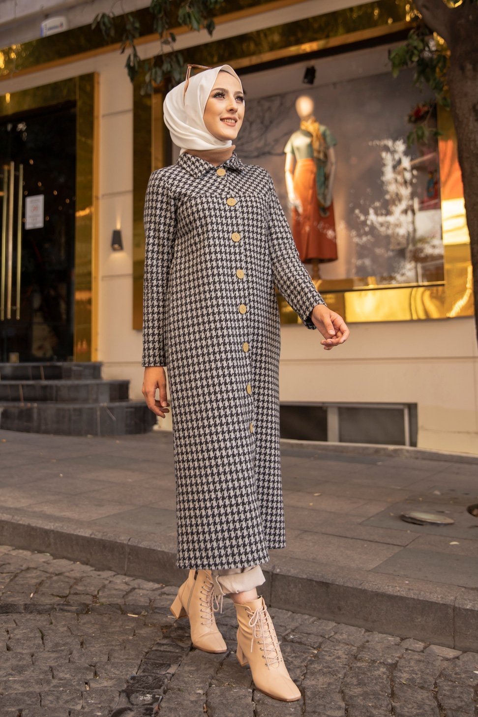 Tunique longue boutonnée à carreaux pour femme (Vetement Hijab